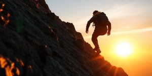 Person climbing mountain at sunrise